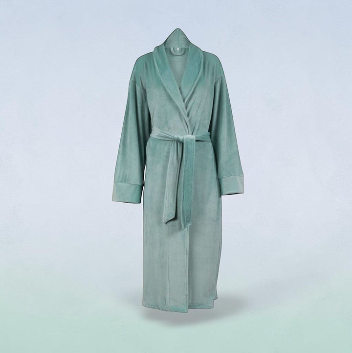 Sea Dragon Dreams plush velour robe in sage green with a tie waist and shawl collar for comfortable lounging.