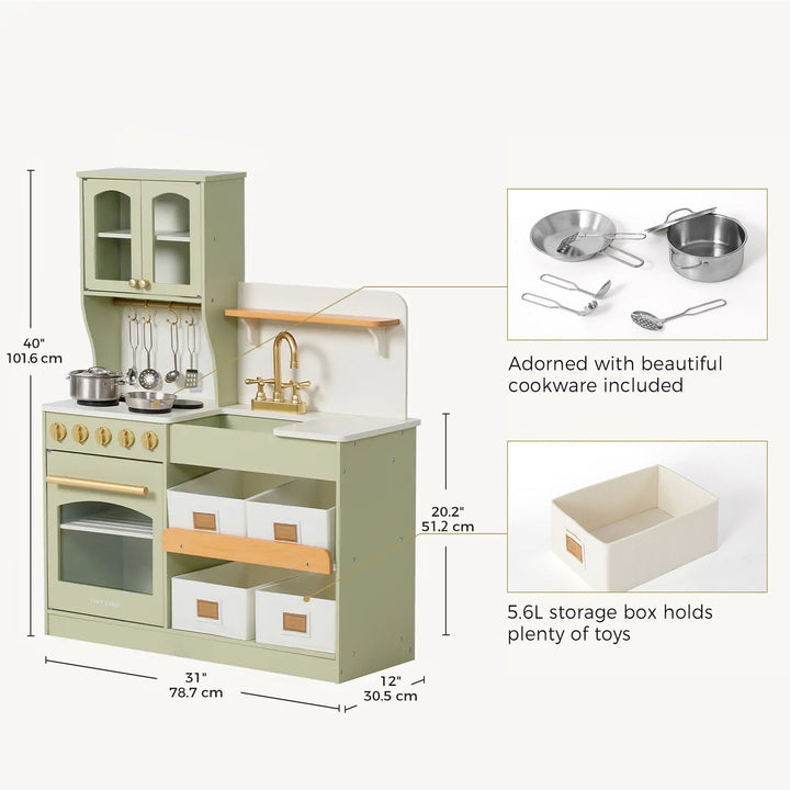 Sea Dragon Dreams Tiny Land wooden play kitchen in sage green with storage bins, faucet, and included metal cookware.
