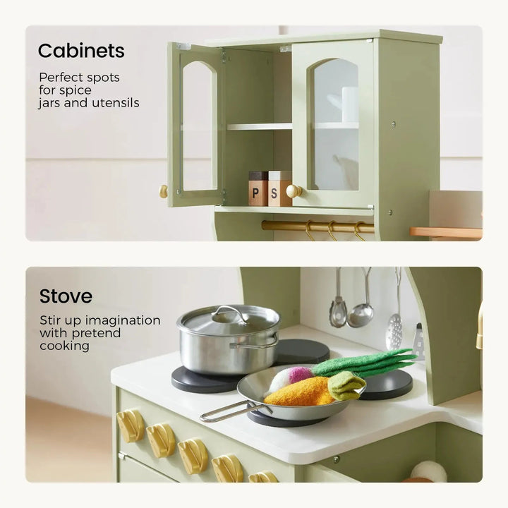 Sea Dragon Dreams Tiny Land sage green wooden play kitchen with storage cabinets, stove, and pretend cookware set.
