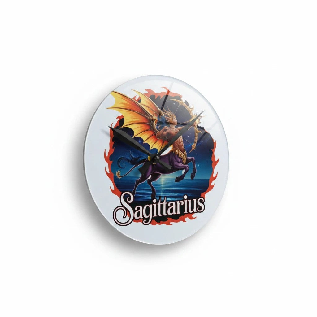 Sea Dragon Dreams round acrylic wall clock featuring a vibrant Sagittarius centaur archer design on a white background.