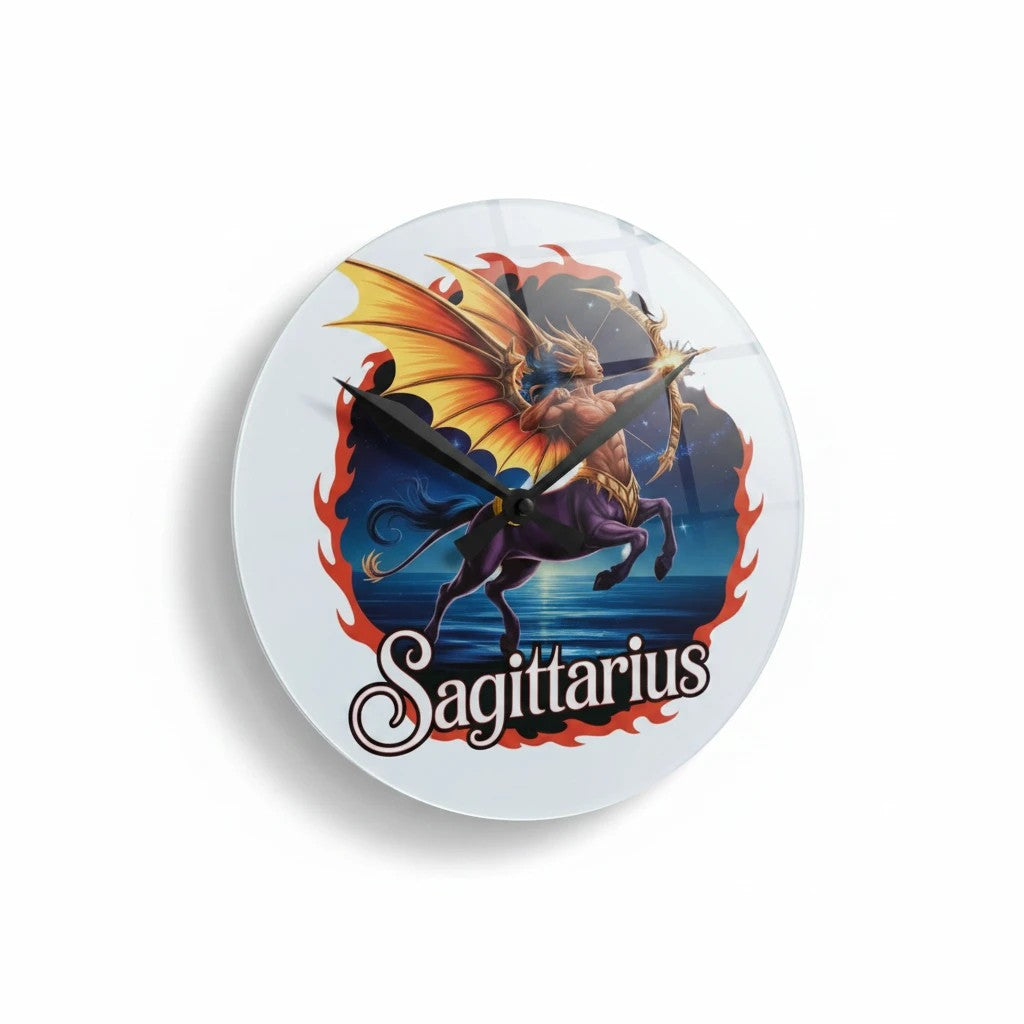 Sea Dragon Dreams round acrylic wall clock featuring a vibrant Sagittarius centaur archer design on a white background