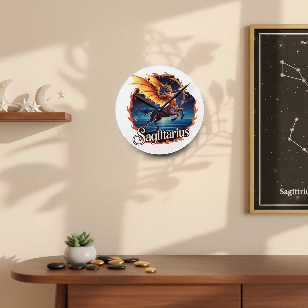 Sea Dragon Dreams round acrylic wall clock featuring a vibrant Sagittarius centaur archer design on a white face.