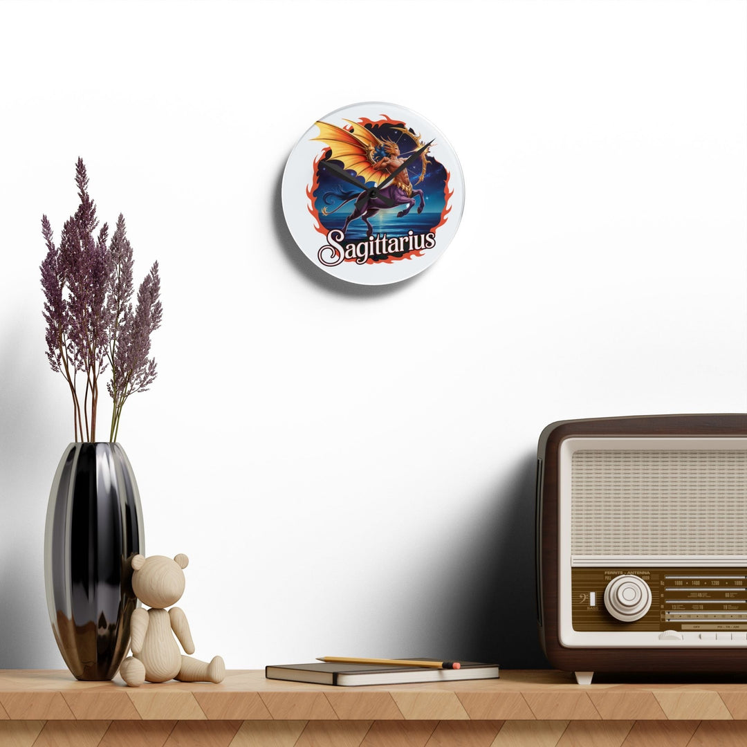 Sea Dragon Dreams round acrylic wall clock featuring a vibrant Sagittarius centaur archer design on a white wall.