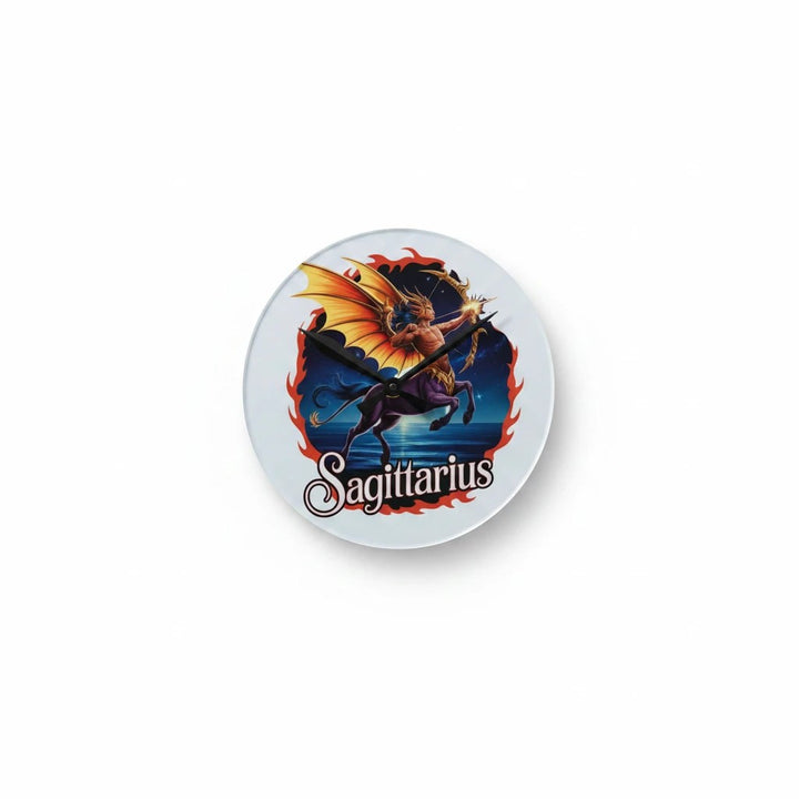 Sea Dragon Dreams round acrylic wall clock featuring a vibrant Sagittarius centaur archer design on a white background.