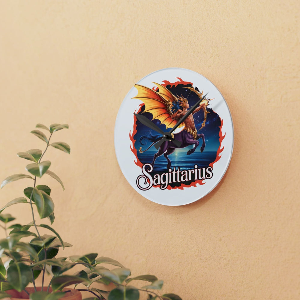 Sea Dragon Dreams round acrylic wall clock featuring a vibrant Sagittarius centaur archer design on a beige wall.