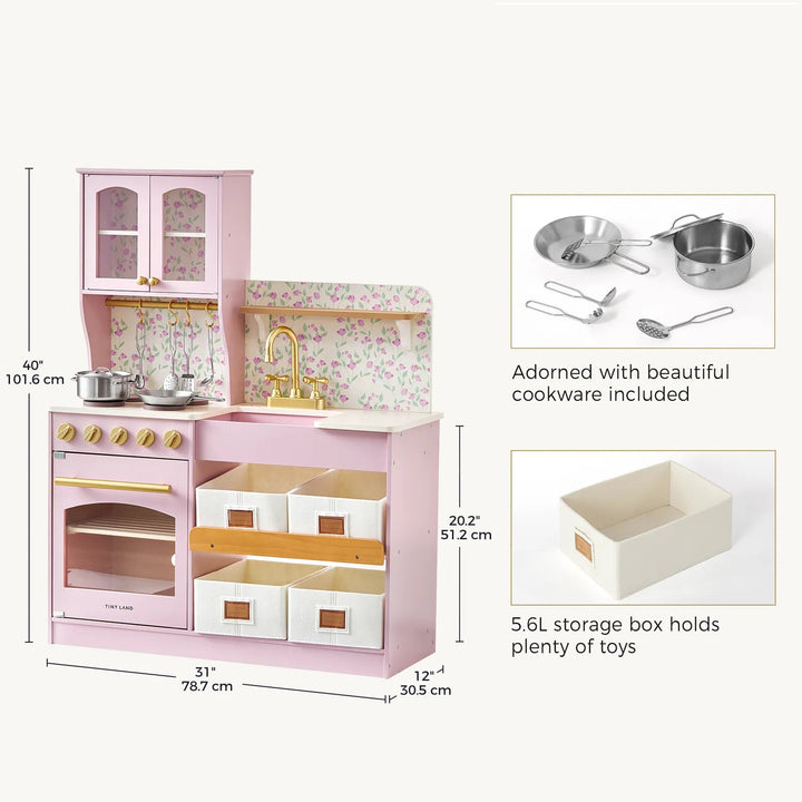 Sea Dragon Dreams Tiny Land wooden play kitchen in Sakura Pink with floral wallpaper, gold faucet, and cookware set.