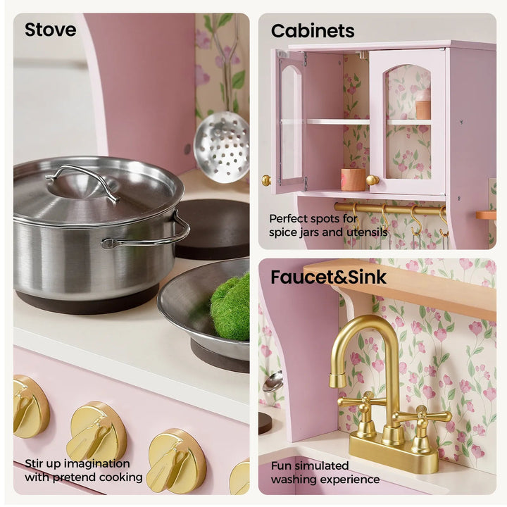 Sea Dragon Dreams Tiny Land wooden play kitchen in Sakura Pink with gold faucet, stove, and floral cabinet details.