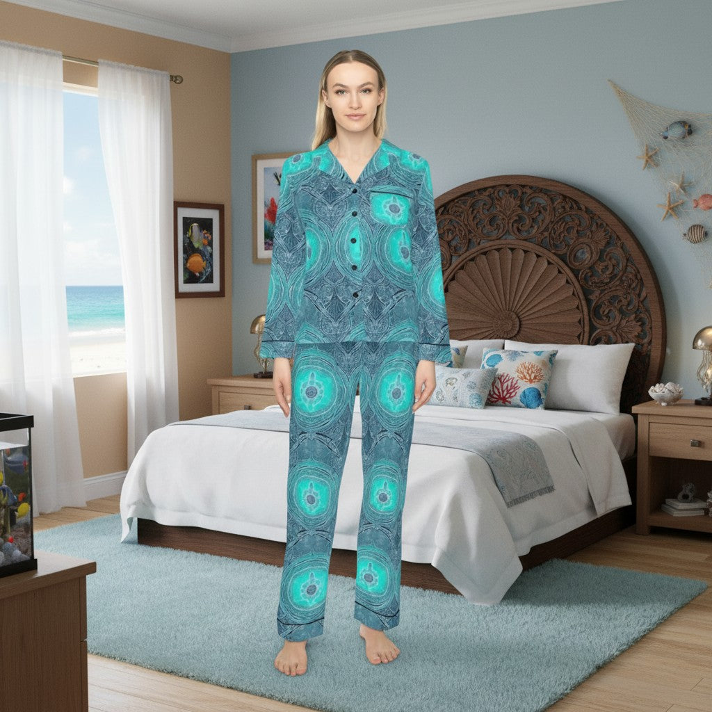 Sea Dragon Dreams women's blue and teal abstract print satin pajama set with notch lapel and black trim.