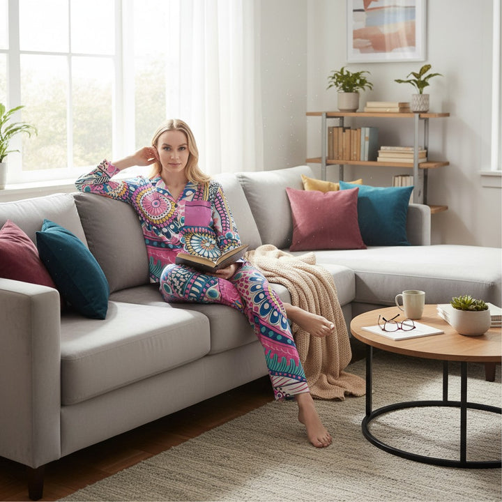 Sea Dragon Dreams women's satin pajamas with a colorful mandala print, notch lapel, and drawstring waist.