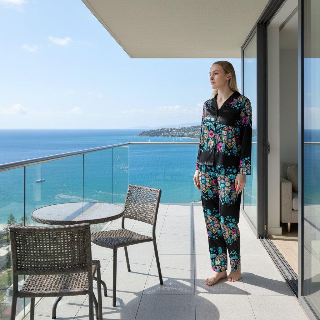 Sea Dragon Dreams women's black satin pajama set with a colorful sea turtle and floral print. Features notch lapel and drawstring waist.