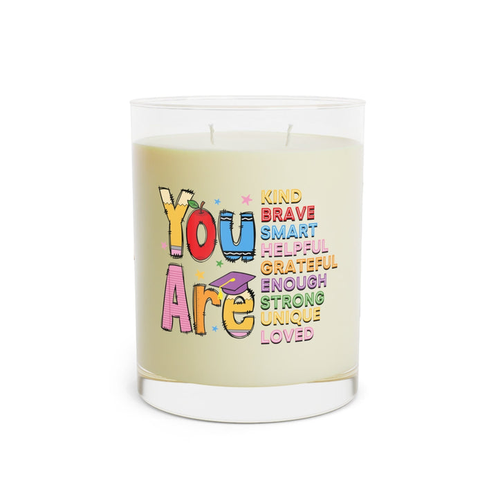 Sea Dragon Dreams 11oz soy wax candle in glass with You Are Special colorful typography print and two cotton wicks.