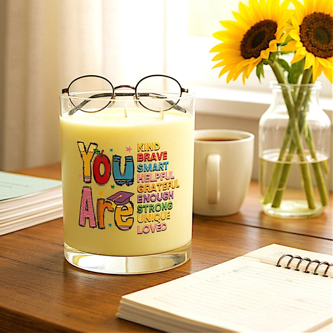 Sea Dragon Dreams You Are Special scented soy candle in a glass jar with a colorful motivational print and two wicks.