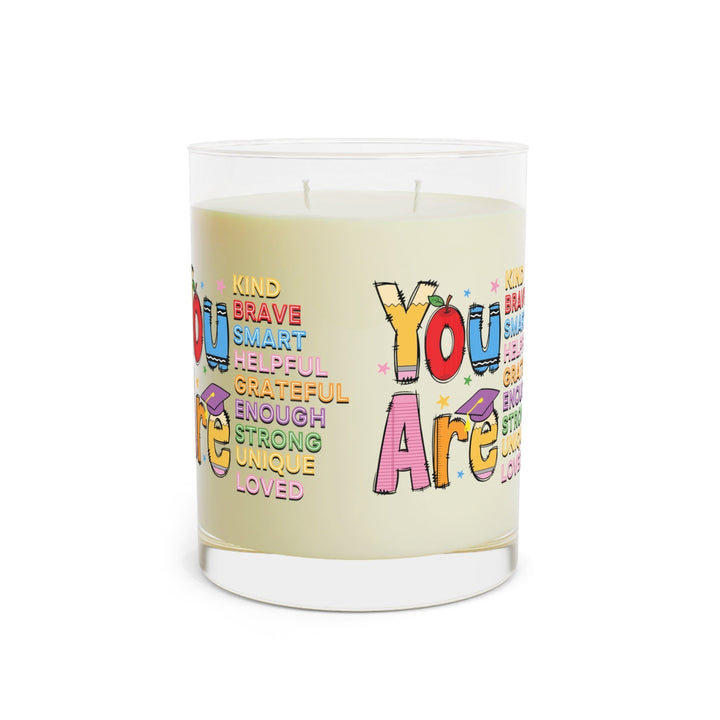 Sea Dragon Dreams You Are Special scented soy candle in a glass jar with a colorful motivational typography print.