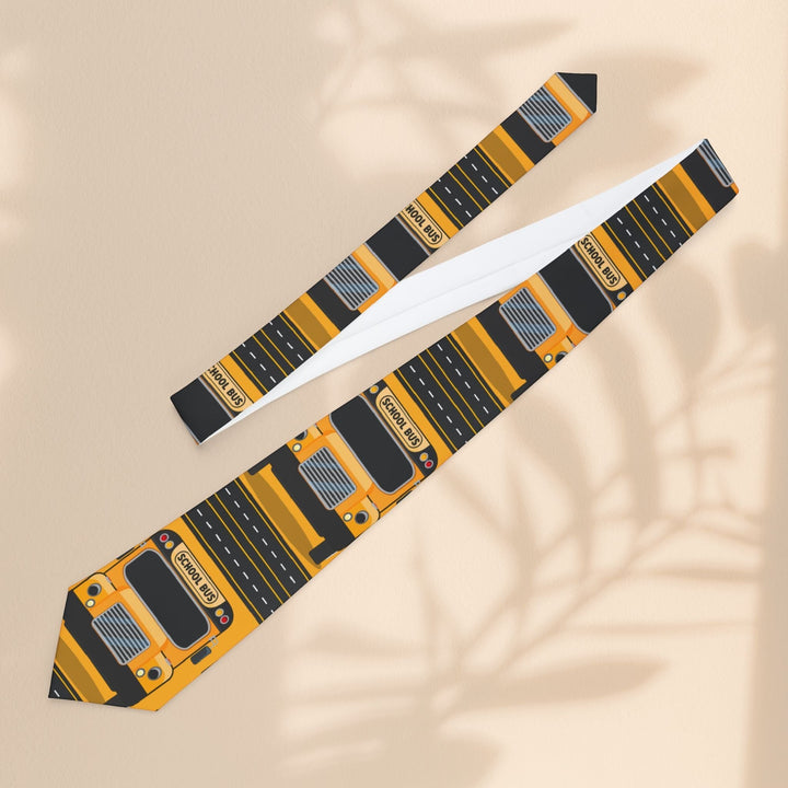 Sea Dragon Dreams school bus driver necktie in polyester with a yellow and black school bus print and satin finish