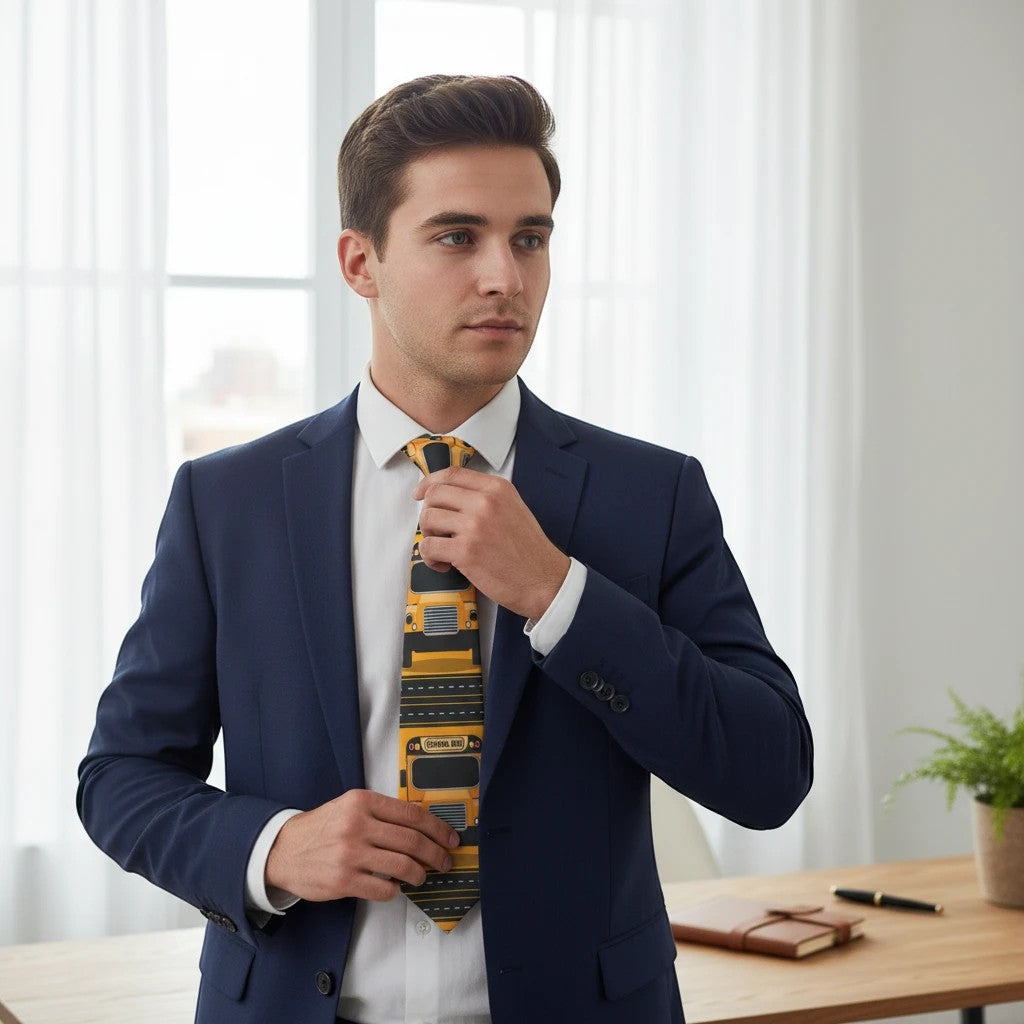 Sea Dragon Dreams school bus driver necktie with yellow bus print worn by a man in a navy suit and white shirt