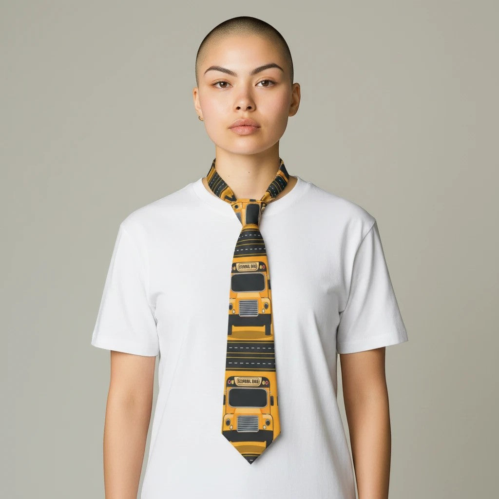 Sea Dragon Dreams school bus driver necktie with yellow bus print on a model wearing a white t-shirt