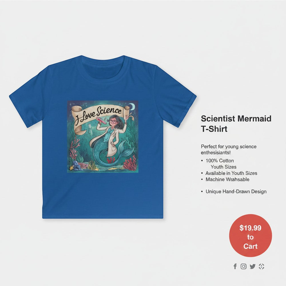 Sea Dragon Dreams blue cotton kids t-shirt featuring a hand-drawn scientist mermaid graphic with I Love Science text.