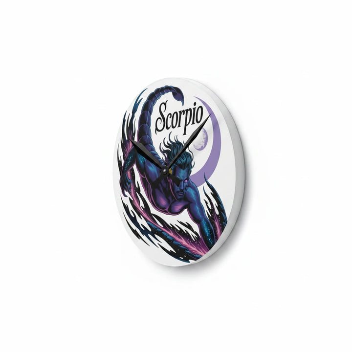 Sea Dragon Dreams round acrylic wall clock featuring a mystical Scorpio zodiac illustration in deep purple and blue.