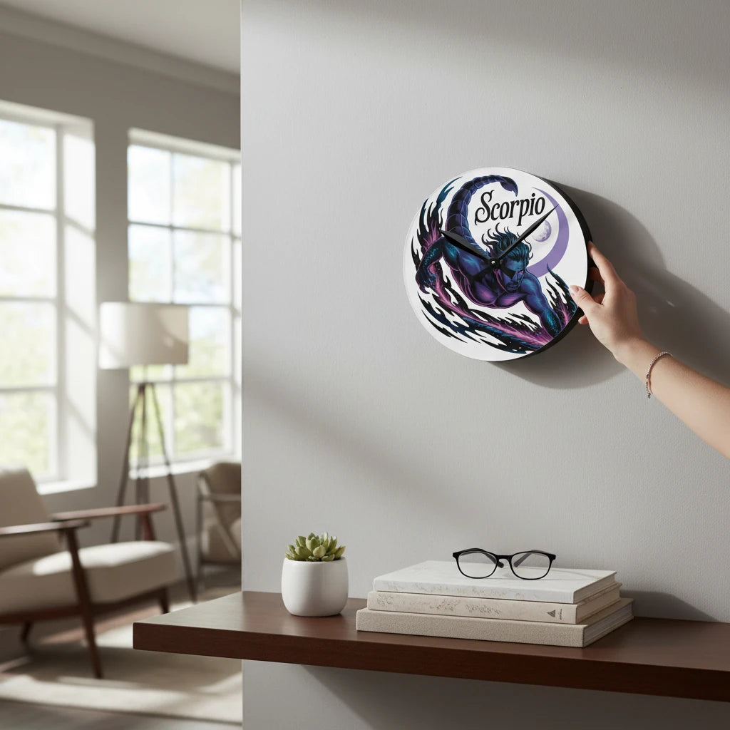 Sea Dragon Dreams round Scorpio zodiac acrylic wall clock with mystical scorpion illustration on a modern living room wall