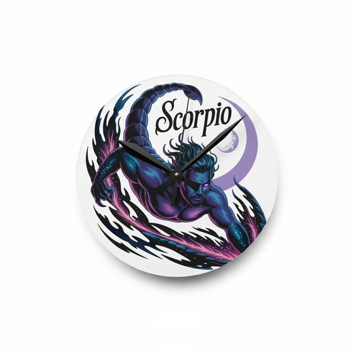 Sea Dragon Dreams round acrylic wall clock featuring a mystical Scorpio zodiac illustration in deep purple and blue.
