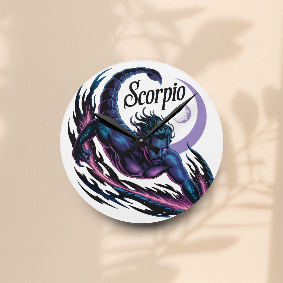 Sea Dragon Dreams round acrylic wall clock featuring a mystical Scorpio zodiac illustration in purple and black.