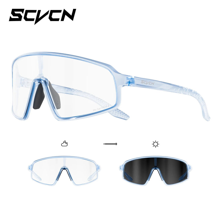 Sea Dragon Dreams SCVCN UV400 cycling sunglasses with light blue frames and photochromic lenses for outdoor sports.