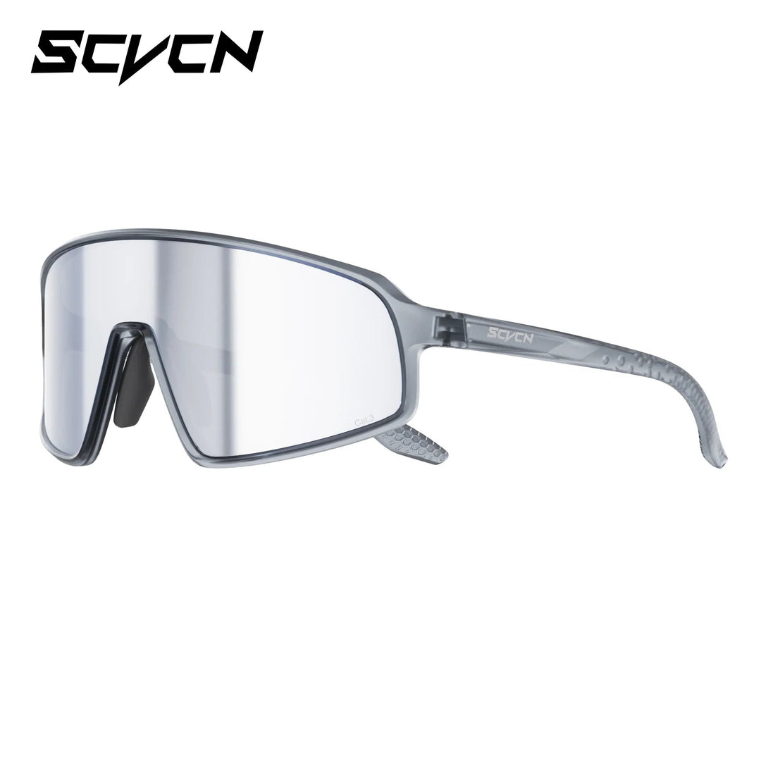 Sea Dragon Dreams SCVCN UV400 cycling sunglasses with a grey translucent frame and reflective wraparound lens.