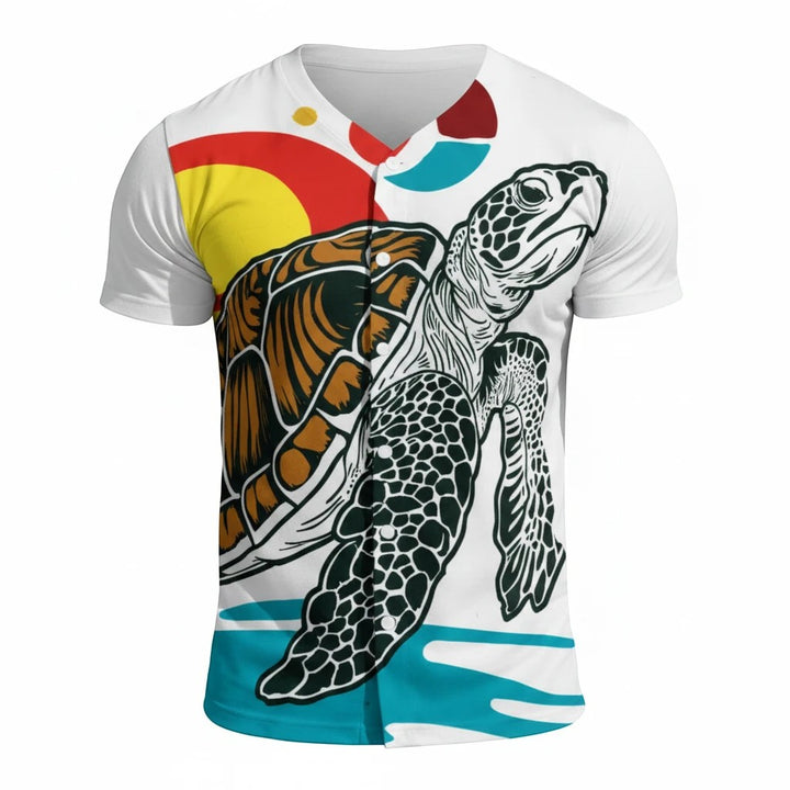 Sea Dragon Dreams men's short-sleeve baseball jersey featuring a vibrant sea turtle graphic on a white polyester base.