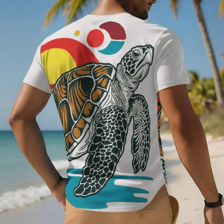 Sea Dragon Dreams men's white short-sleeve baseball jersey featuring a colorful sea turtle graphic on the back
