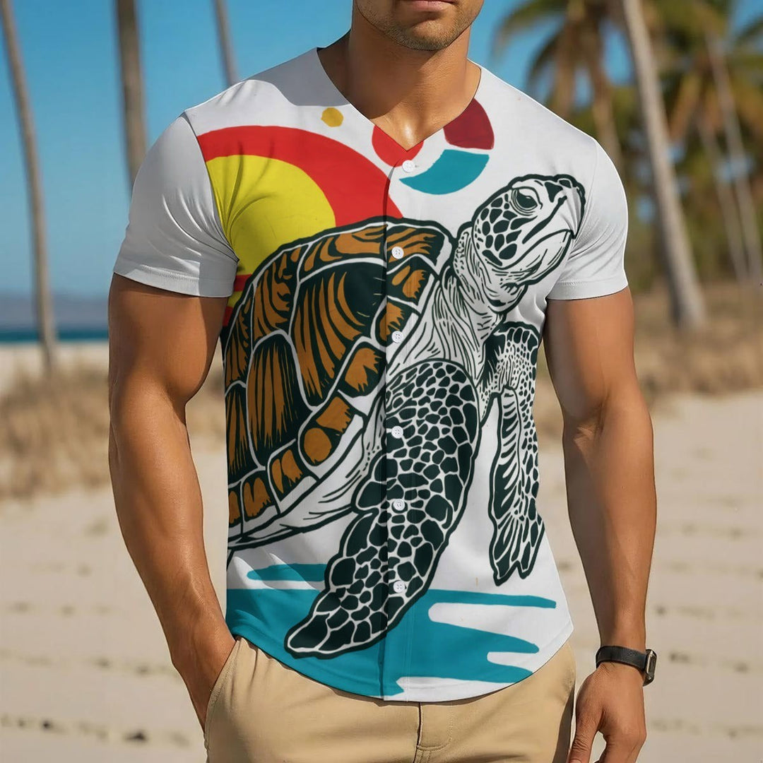 Sea Dragon Dreams men's short-sleeve baseball jersey featuring a vibrant sea turtle graphic on a white polyester fabric.