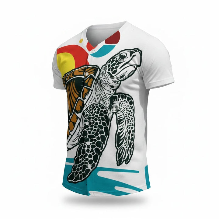 Sea Dragon Dreams Sea Turtle Bliss men's short-sleeve baseball jersey with a white base and vibrant sea turtle graphic.