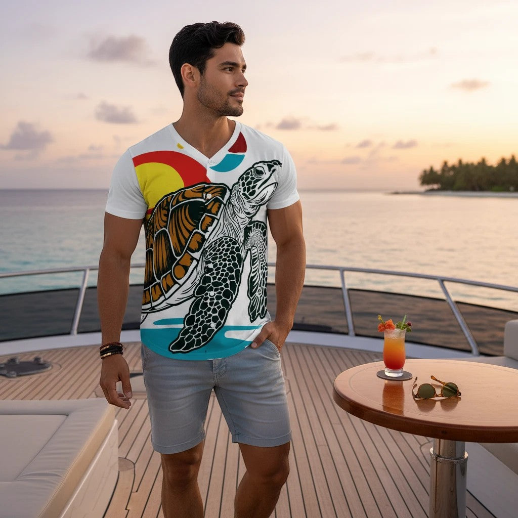 Man wearing a Sea Dragon Dreams short-sleeve jersey with a sea turtle graphic on a yacht at sunset