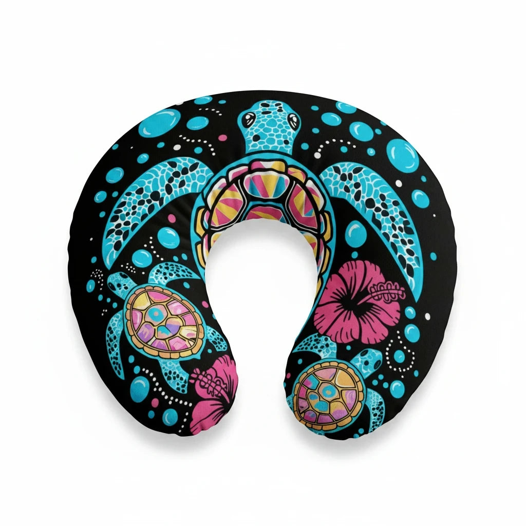 Sea Dragon Dreams nursing pillow cover featuring a vibrant sea turtle and hibiscus flower print on a black background.