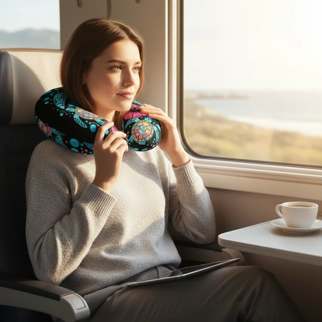 Sea Dragon Dreams nursing pillow cover with sea turtle and hibiscus print worn by a woman on a train by the ocean