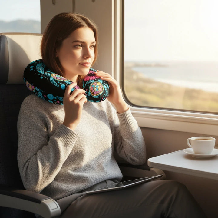Sea Dragon Dreams nursing pillow cover with sea turtle and hibiscus print worn by a woman on a train by the ocean