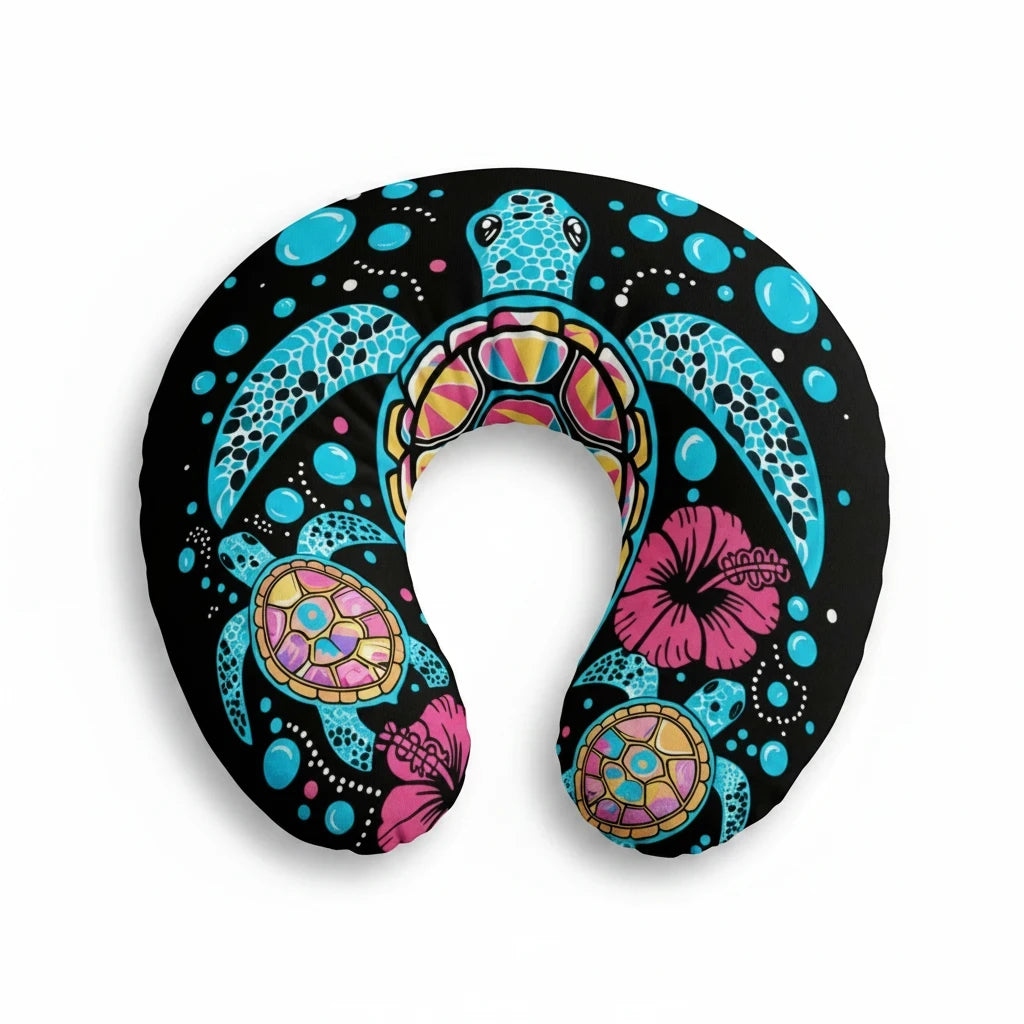Sea Dragon Dreams nursing pillow cover featuring a vibrant sea turtle and hibiscus flower print on a black background.