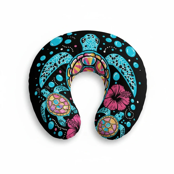 Sea Dragon Dreams nursing pillow cover with a vibrant sea turtle and hibiscus flower print on a black background.