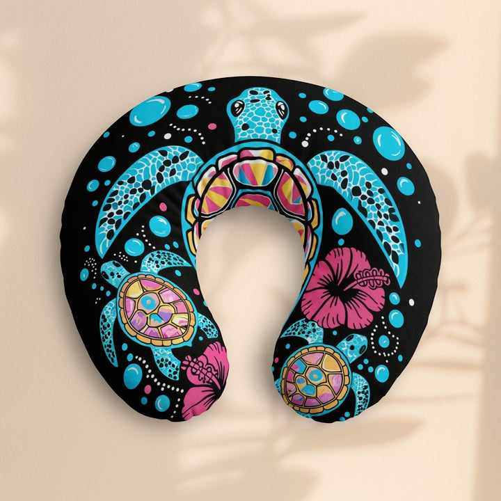 Sea Dragon Dreams nursing pillow cover featuring a colorful sea turtle and hibiscus floral print on a black background.