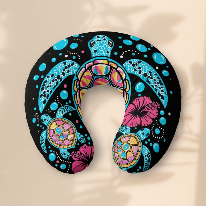 Sea Dragon Dreams nursing pillow cover featuring a vibrant sea turtle and hibiscus floral print on a black background.