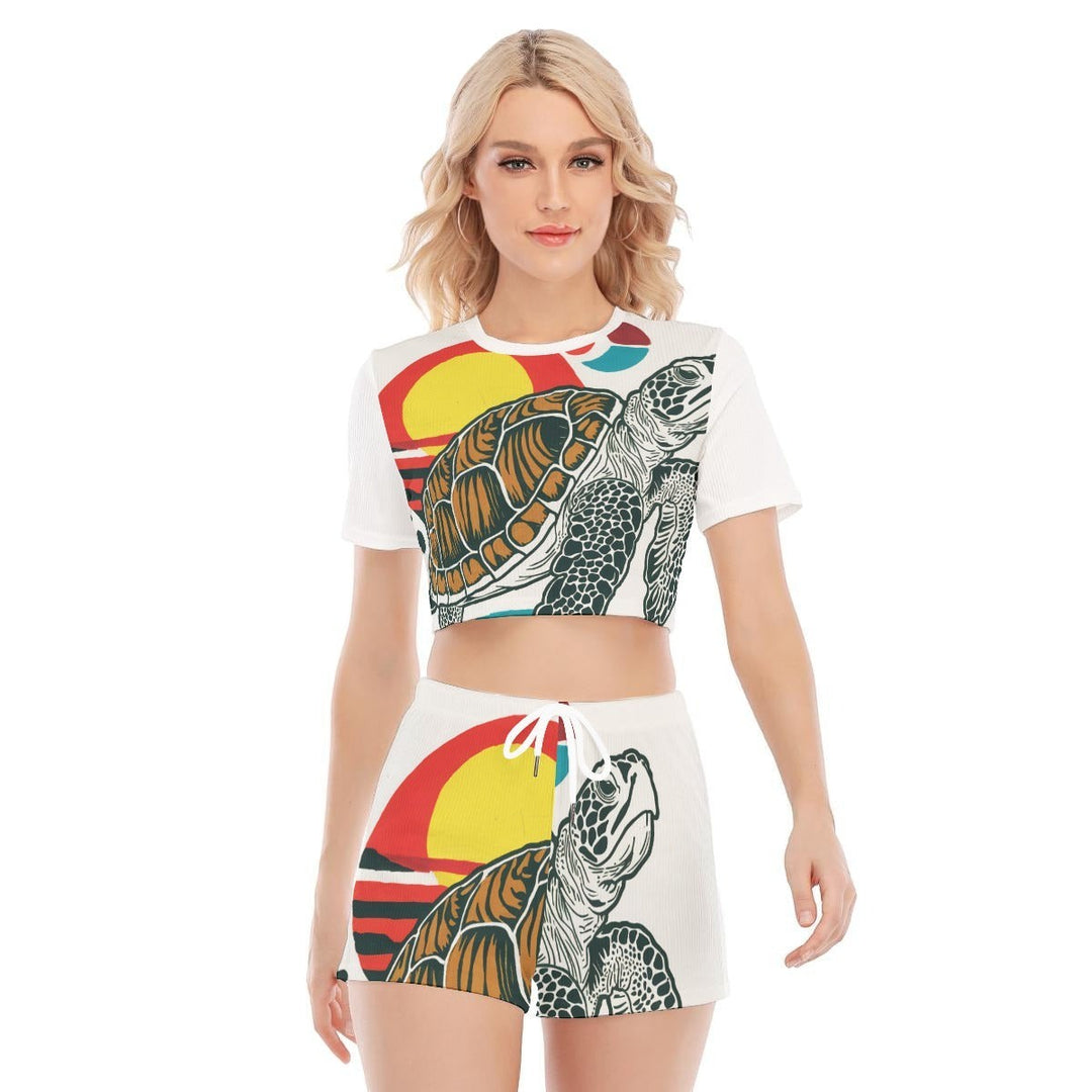 Sea Dragon Dreams women's white crew neck t-shirt and shorts set featuring a colorful sea turtle and sunset graphic