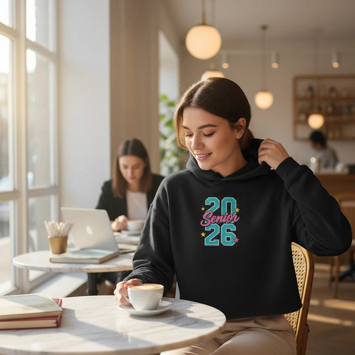 Sea Dragon Dreams black cropped hoodie with Class of 2026 graphic worn by a woman sitting in a cafe.