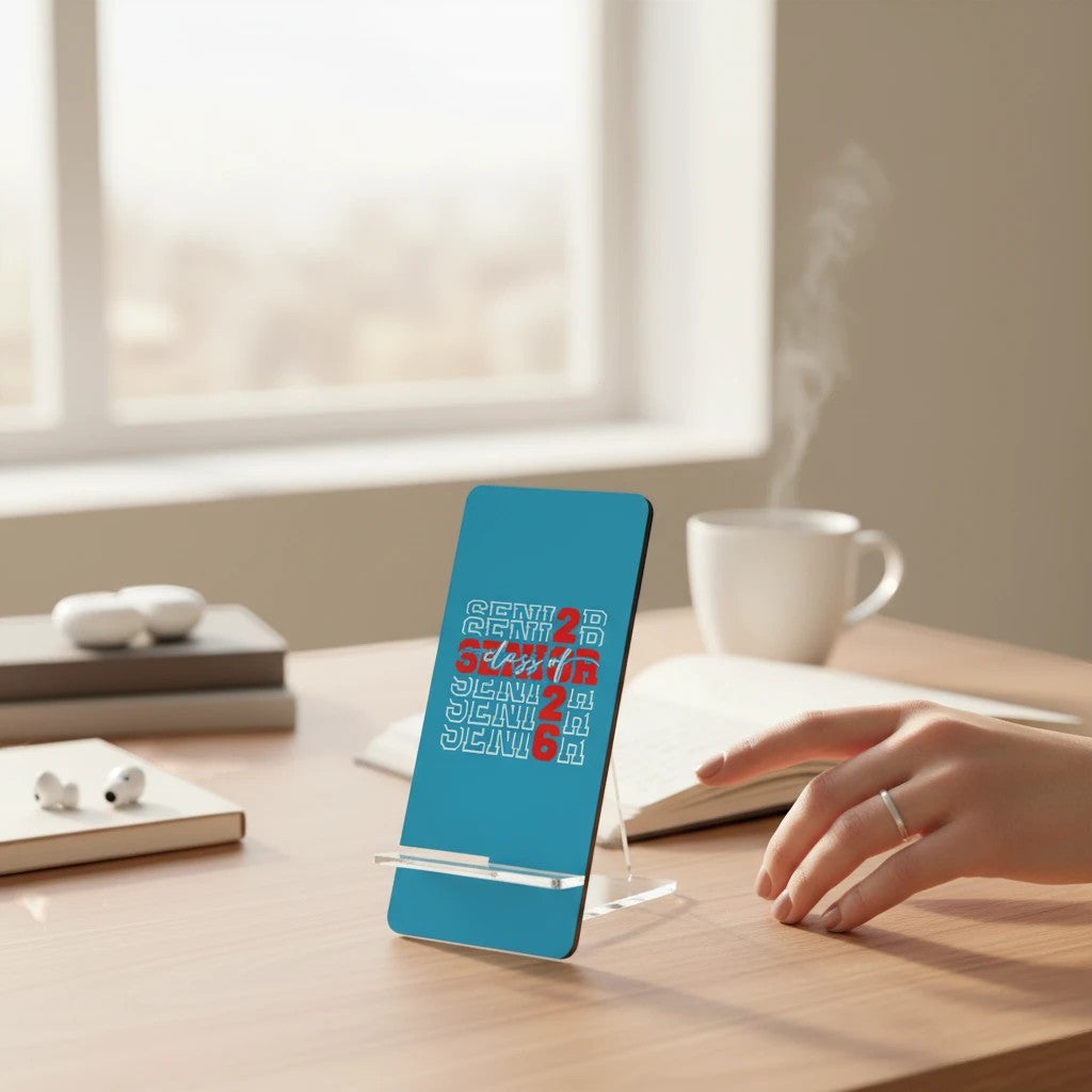 Sea Dragon Dreams Senior 2026 mobile display stand on a desk with a hand reaching towards it.