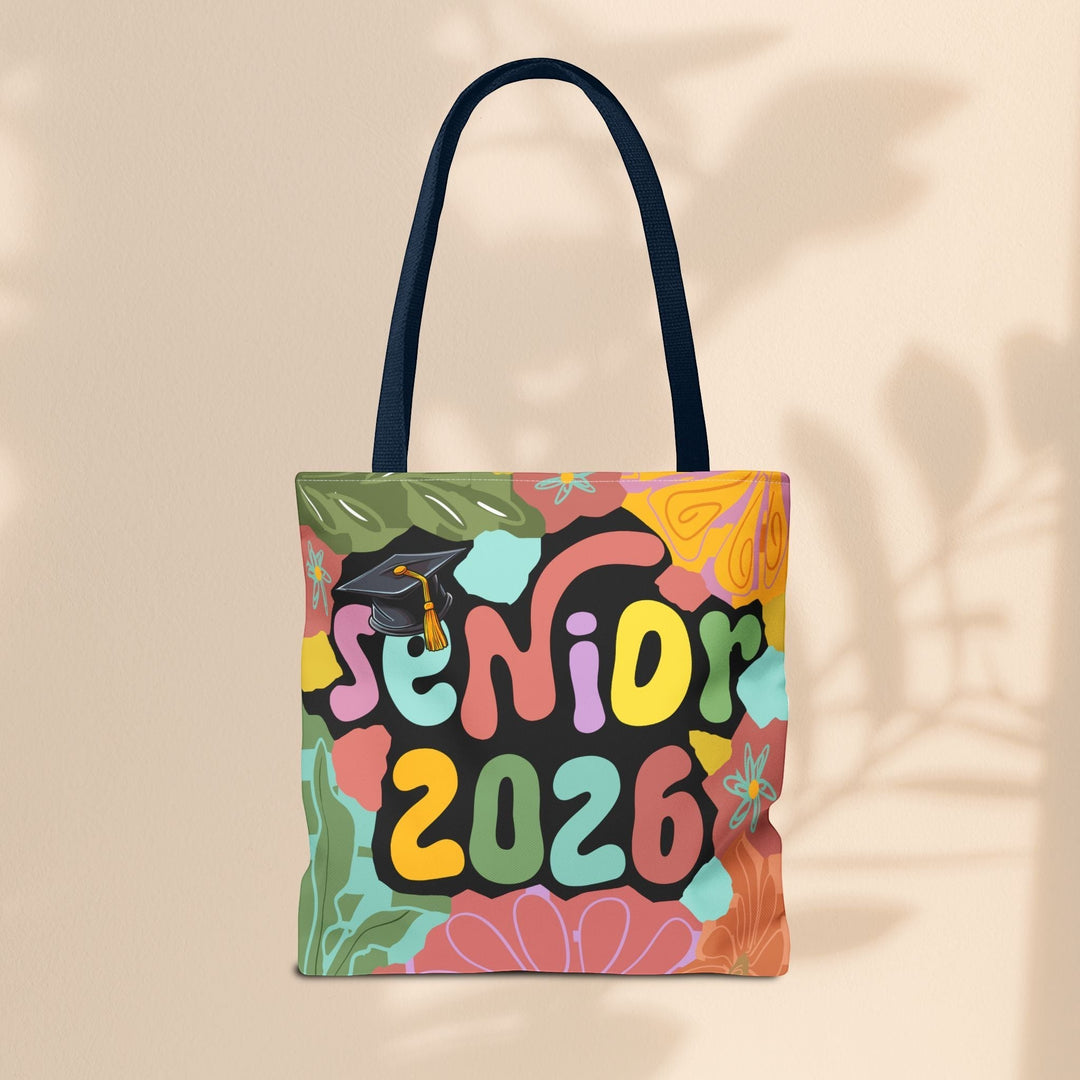 Sea Dragon Dreams Senior 2026 tote bag with colorful floral patterns and a graduation cap graphic on polyester canvas.