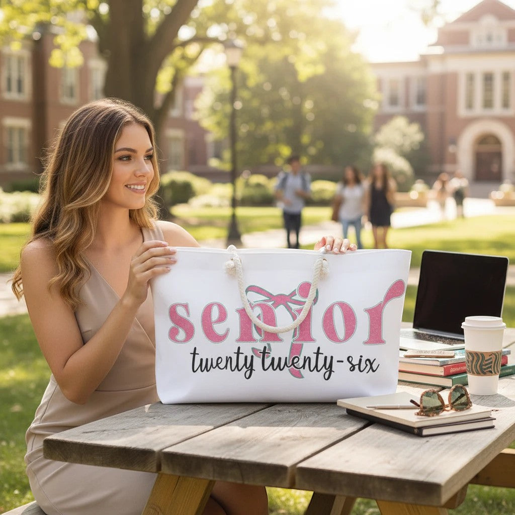 Sea Dragon Dreams Senior 2026 weekender bag with pink lettering, held by a student on a sunny college campus.