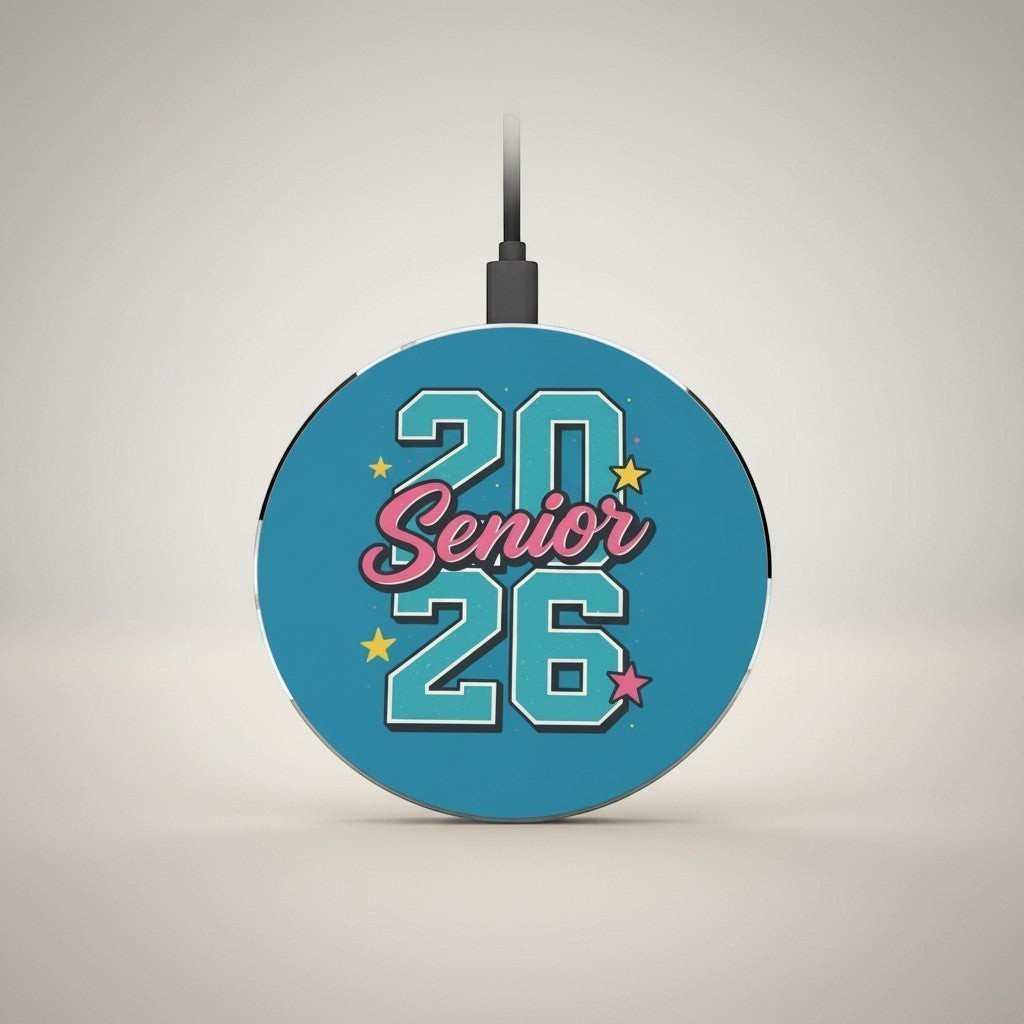 Sea Dragon Dreams Senior 2026 wireless charging pad with blue background and pink stars on a neutral surface