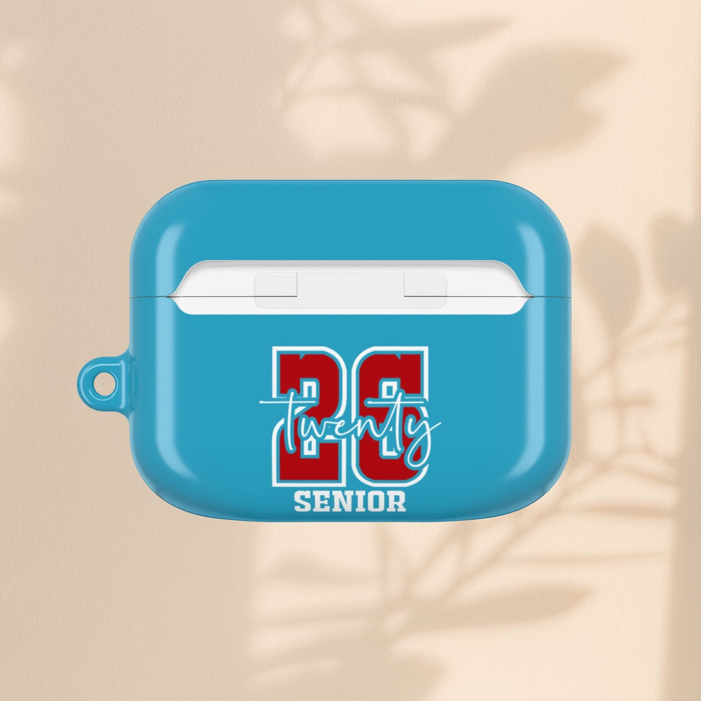 Sea Dragon Dreams blue Senior Year 2026 AirPod case with red and white varsity style graphic and keychain loop