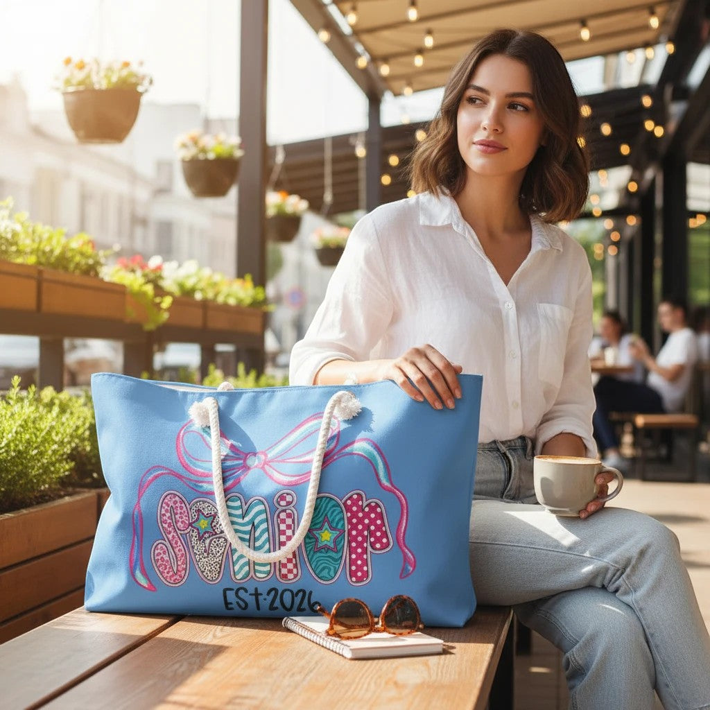 Sea Dragon Dreams Senior Year 2026 weekender bag with blue polyester fabric and decorative bow graphic