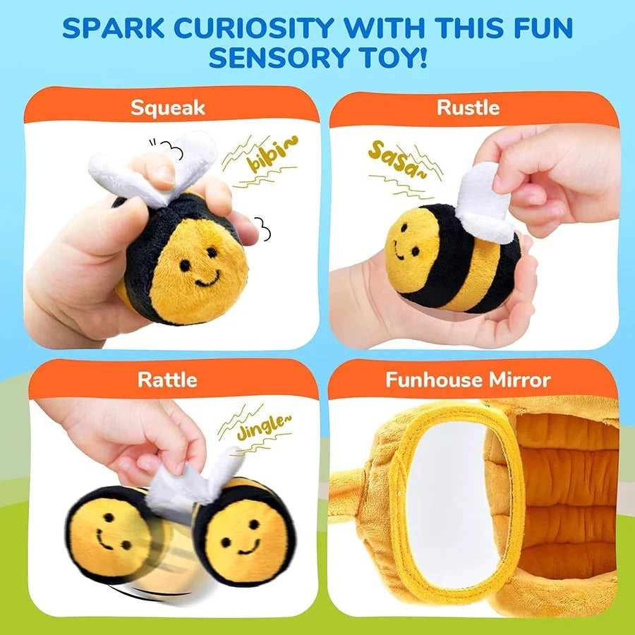 Sea Dragon Dreams soft plush beehive sensory toy with bee rattles, mirror, squeaker, and crinkle textures for babies.