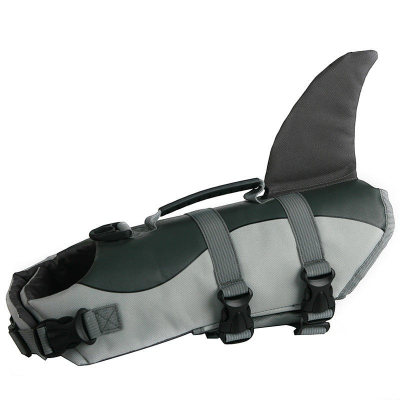 Sea Dragon Dreams mermaid shark dog life jacket in grey with adjustable straps, rescue handle, and dorsal fin detail.