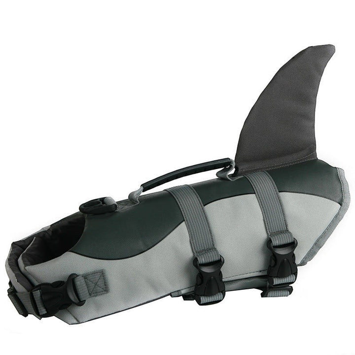 Sea Dragon Dreams mermaid shark dog life jacket in grey with adjustable straps, rescue handle, and dorsal fin detail.